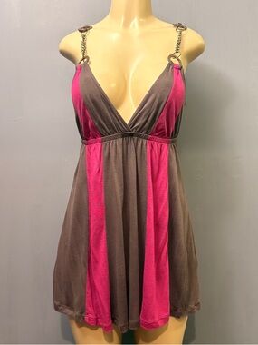 Lush Pink Brown Colorblock Babydoll Tank Chain Strap Women’s L